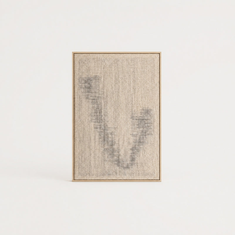 Huek extra-large handwoven wool tapestry in the Misty weave with a soft grey abstract pattern in a slim pine frame, framed textile wall art by Lale Studio & Shop
