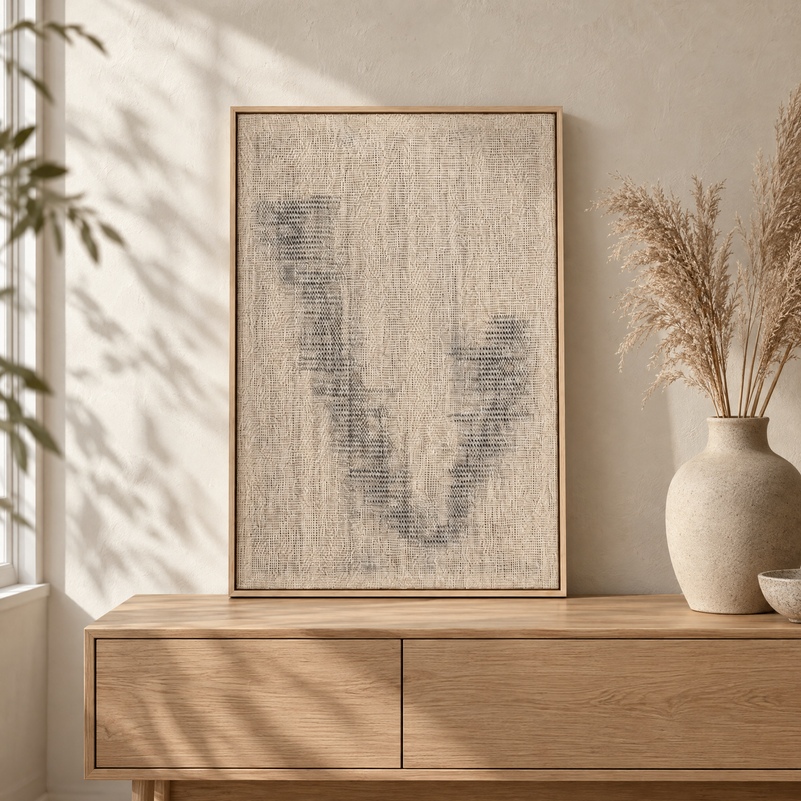 Large Huek framed handwoven wool tapestry standing on an oak sideboard in a warm Japandi interior, Lale Studio Shop