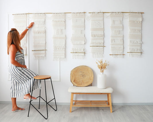 Teide 7 extra large handwoven cotton wall hanging, seven panels on a bamboo rod, 110in wide, by Lale Studio & Shop