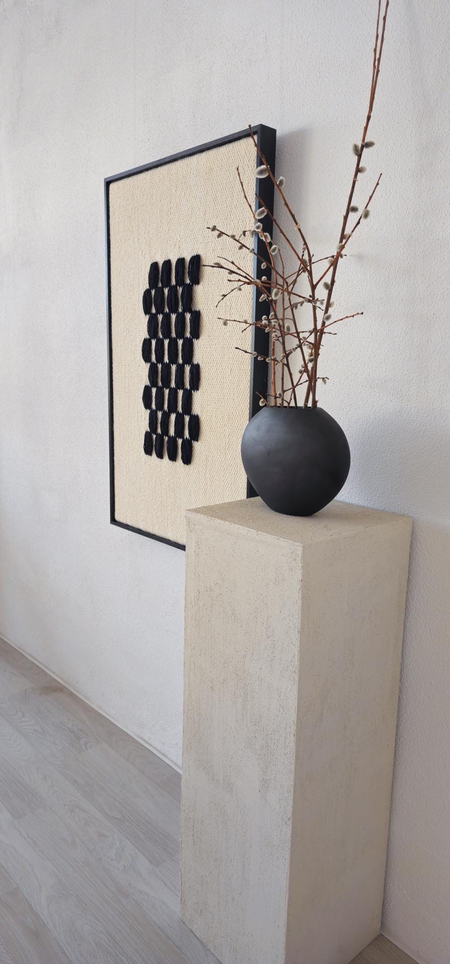 Close-up of Framed II Black Pattern wool weave texture and raised detail