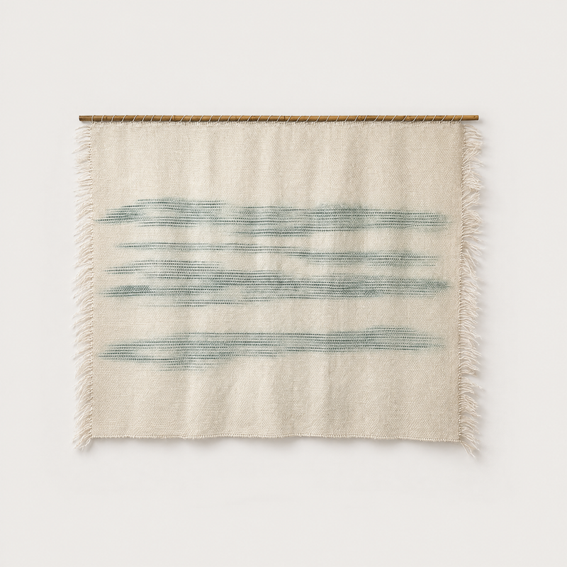 A'La Matcha handwoven wool wall hanging with hand painted green design on a bamboo rod, Lale Studio & Shop