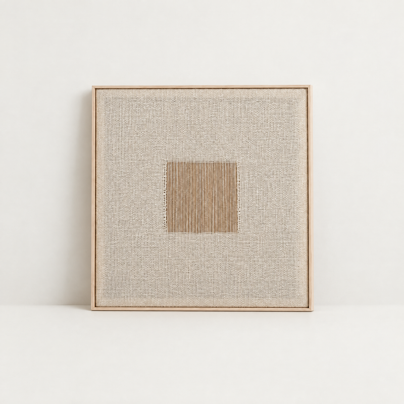 Diskuer handwoven two-ply wool tapestry in a slim pine frame, framed textile wall art by Lale Studio & Shop