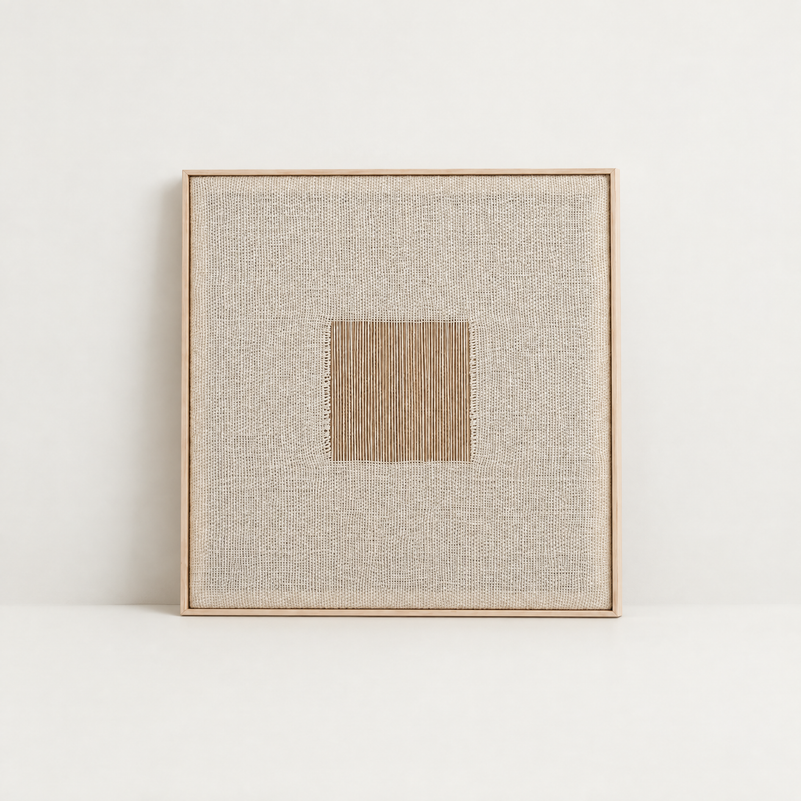 Diskuer handwoven two-ply wool tapestry in a slim pine frame, framed textile wall art by Lale Studio & Shop