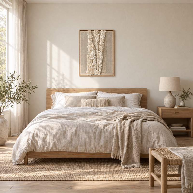 Vea framed handwoven wool tapestry 60x100 cm above a bed in a bedroom, Lale Studio Shop