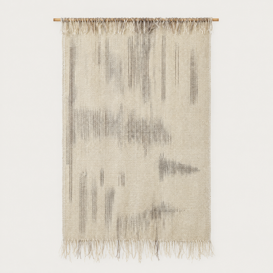 Tupe handwoven wool wall hanging in soft beige and taupe with bottom fringe on a bamboo rod, Lale Studio & Shop