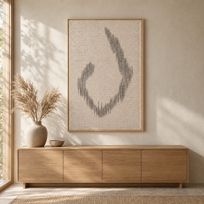 Huek large framed handwoven wool tapestry above an oak sideboard in a warm Japandi interior, Lale Studio Shop