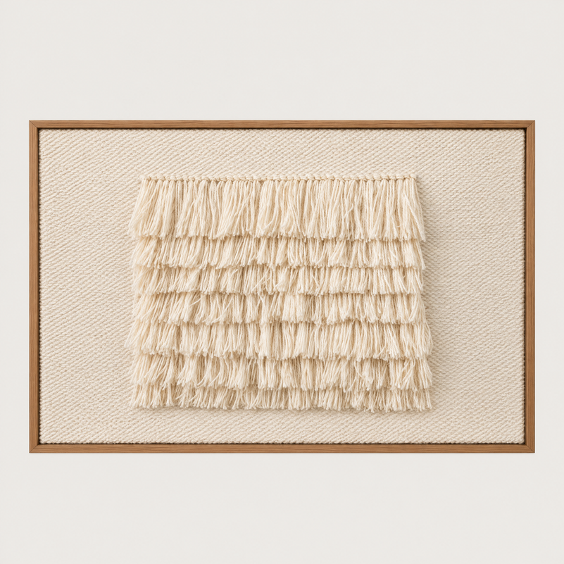 FruFru handwoven wool tapestry in warm natural ivory with shaggy fringe rows in a solid pine frame, Lale Studio & Shop