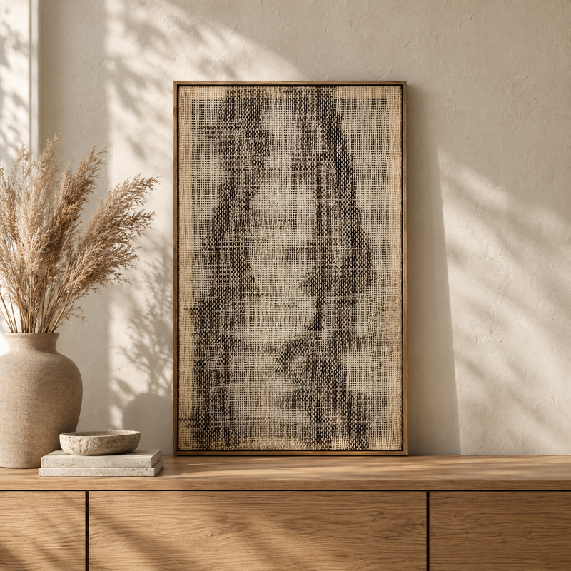 Flus framed handwoven wool tapestry standing on an oak sideboard in a warm Japandi interior, Lale Studio Shop