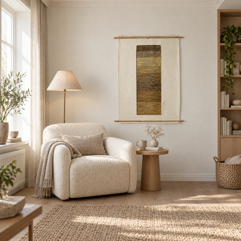 Kauwela handwoven wool wall hanging 80x120 cm on bamboo rods in a reading corner above a boucle armchair, Lale Studio Shop