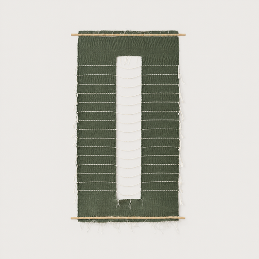 Salvia handwoven wall hanging in bottle green with natural cotton strings on bamboo rods, Lale Studio & Shop
