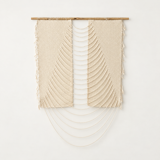 Urania Natural handwoven cotton rope wall hanging with cascading semi circles on a bamboo rod, Lale Studio & Shop