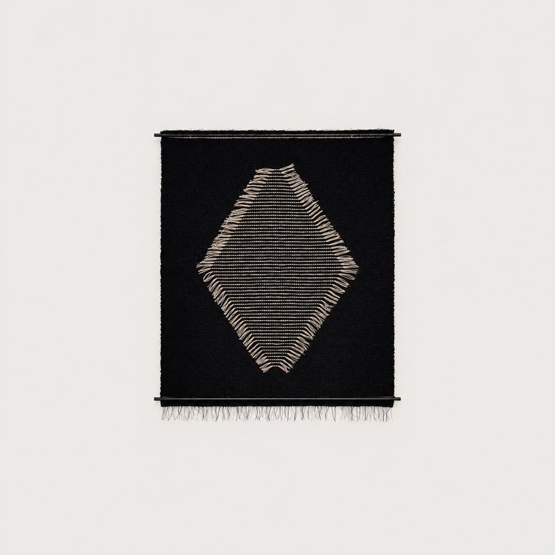 Rombo Black handwoven black wool tapestry with light brown diamond weave, packshot, Lale Studio & Shop