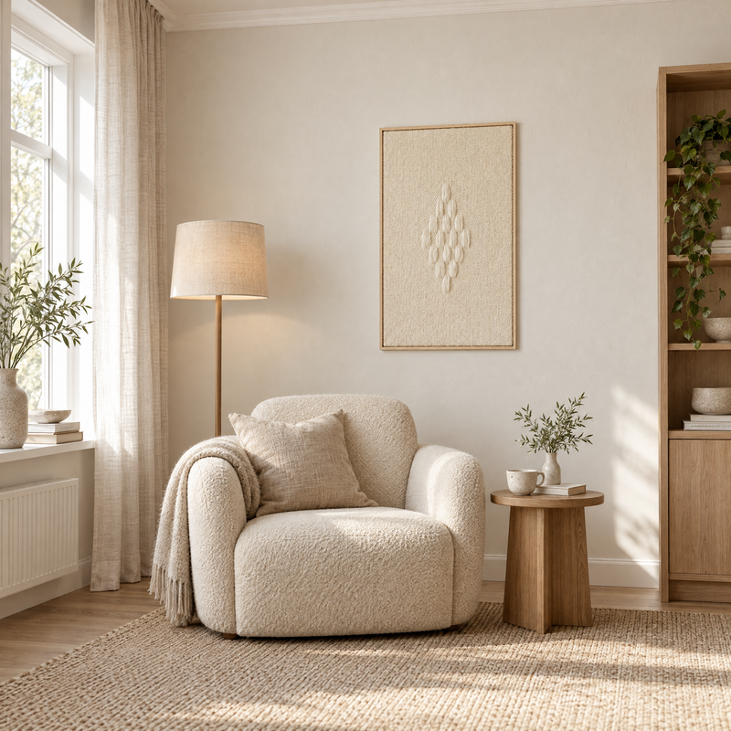 Framed 7 handwoven wool tapestry 60 x 100 cm in a living room reading corner, Lale Studio Shop