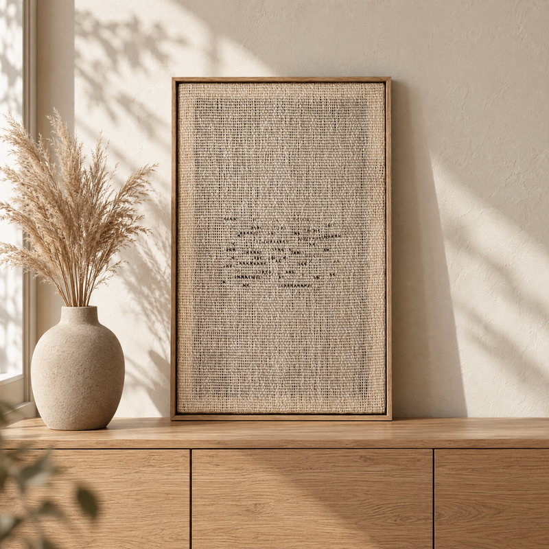 Flun framed handwoven wool tapestry standing on an oak sideboard in a warm Japandi interior, Lale Studio Shop