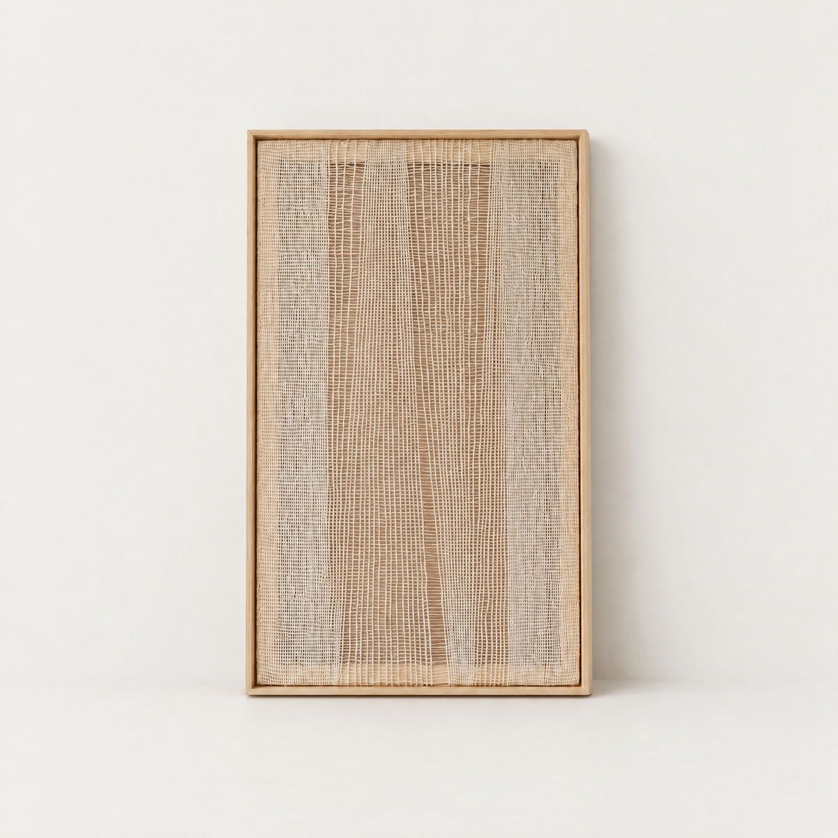 Imperfectio III sheer handwoven two-ply wool tapestry in a slim pine frame, Lale Studio & Shop