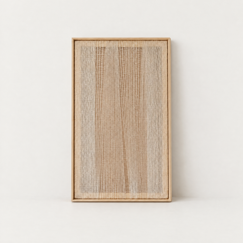 Imperfectio III sheer handwoven two-ply wool tapestry in a slim pine frame, Lale Studio & Shop