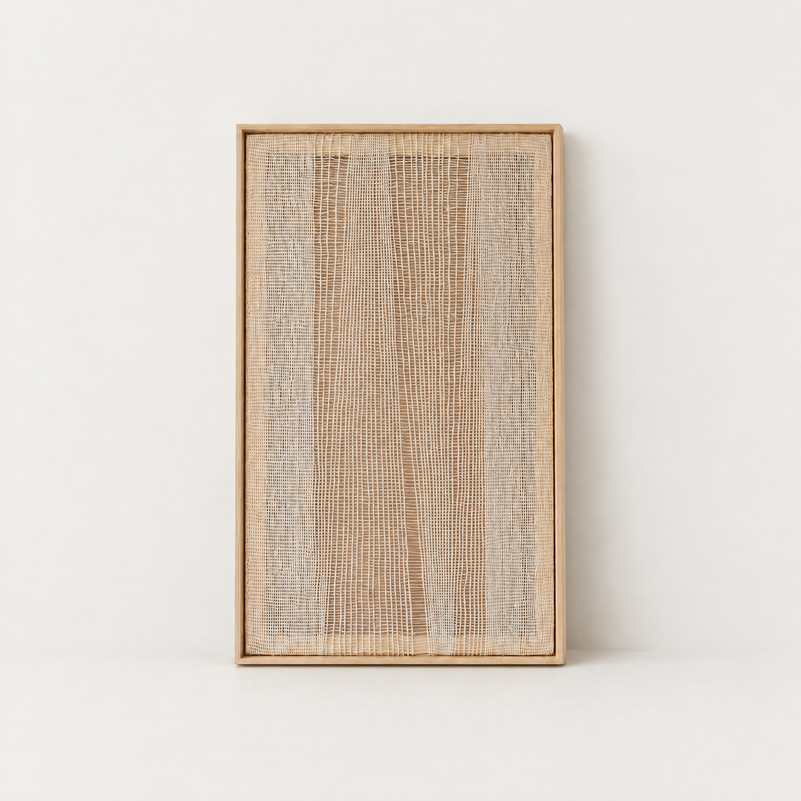 Imperfectio III sheer handwoven two-ply wool tapestry in a slim pine frame, Lale Studio & Shop