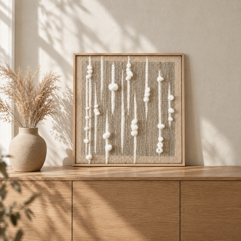 Olit framed handwoven wool tapestry standing on an oak sideboard in a warm Japandi interior, Lale Studio Shop
