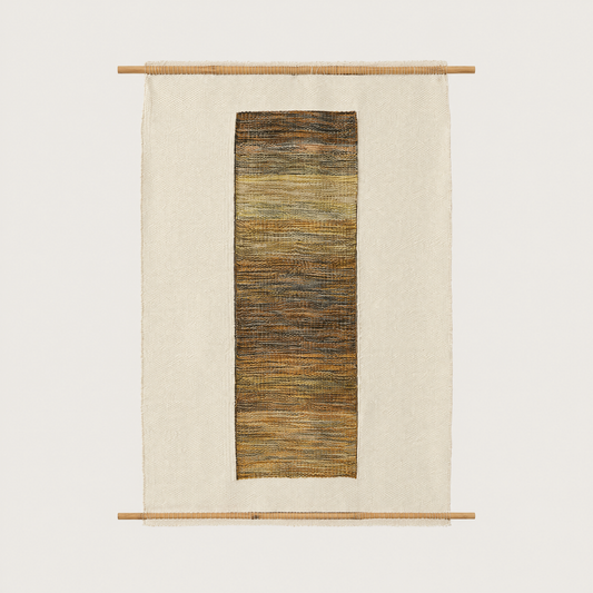 Kauwela handwoven wall hanging in natural cream with a golden ochre woven centre on bamboo rods, Lale Studio & Shop