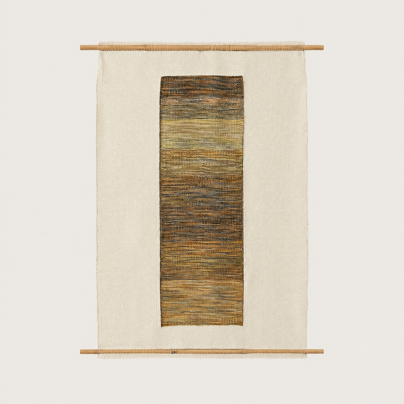 Kauwela handwoven wall hanging in natural cream with a golden ochre woven centre on bamboo rods, Lale Studio & Shop