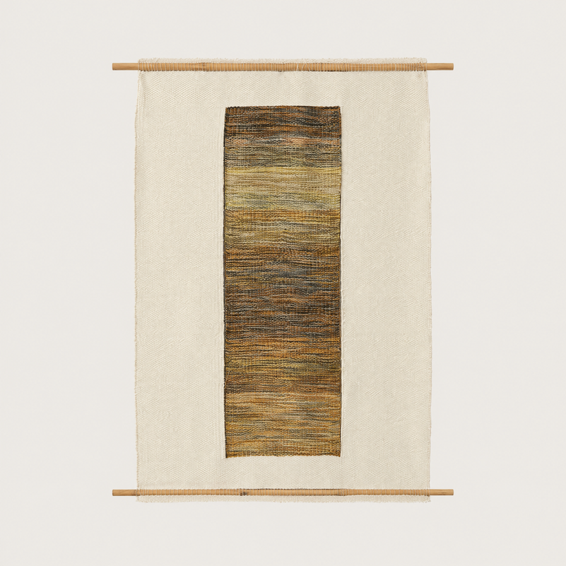 Kauwela handwoven wall hanging in natural cream with a golden ochre woven centre on bamboo rods, Lale Studio & Shop
