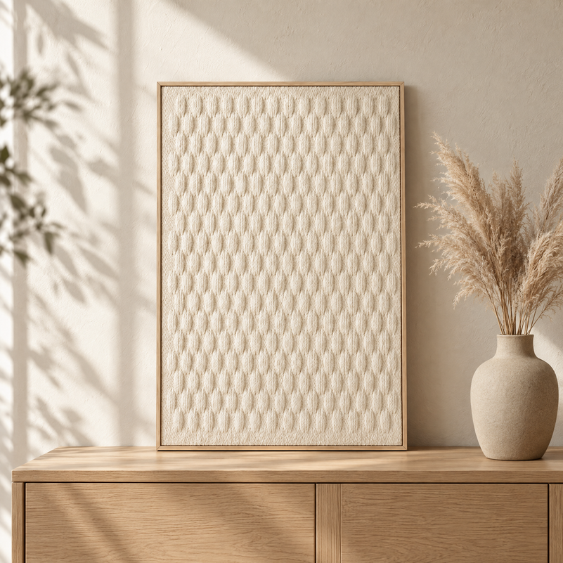 Framed 1 handwoven wool tapestry standing on an oak sideboard in a warm Japandi interior, Lale Studio Shop