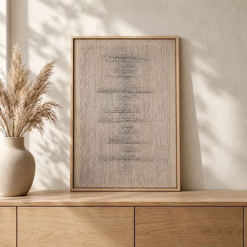 Njolle framed handwoven wool tapestry standing on an oak sideboard in a warm Japandi interior, Lale Studio Shop
