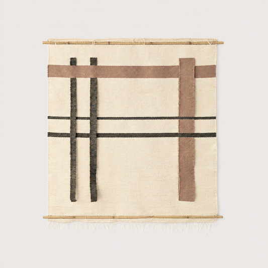 Krado handwoven wool wall hanging in beige, brown and black on bamboo rods, Lale Studio & Shop