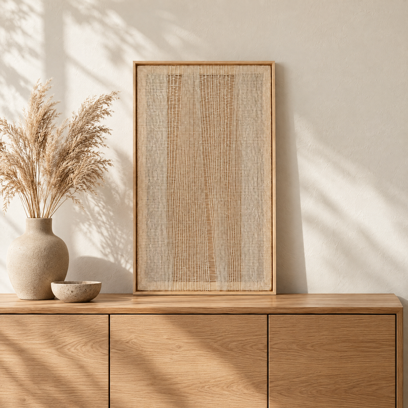 Imperfectio III sheer framed handwoven wool tapestry standing on an oak sideboard in a Japandi interior, Lale Studio Shop