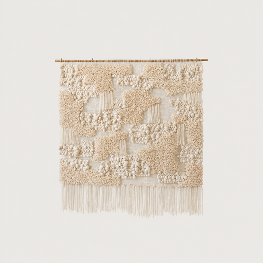 Totipoa large handwoven wool and cotton wall hanging in natural cream with sculptural tufted relief and long fringe on a bamboo rod, Lale Studio & Shop
