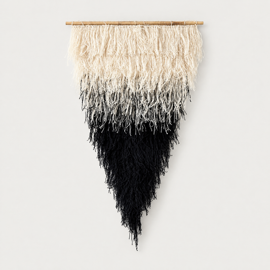 Zen triangular handwoven wool wall hanging with beige to black gradient on a bamboo rod, Lale Studio & Shop