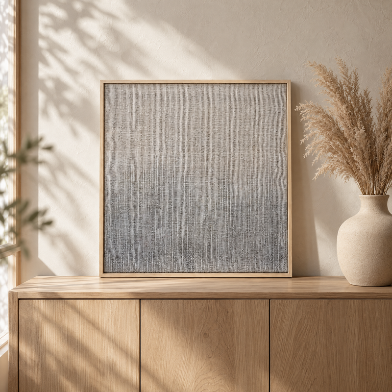 Doc ombre framed handwoven wool tapestry standing on an oak sideboard in a warm Japandi interior, Lale Studio Shop