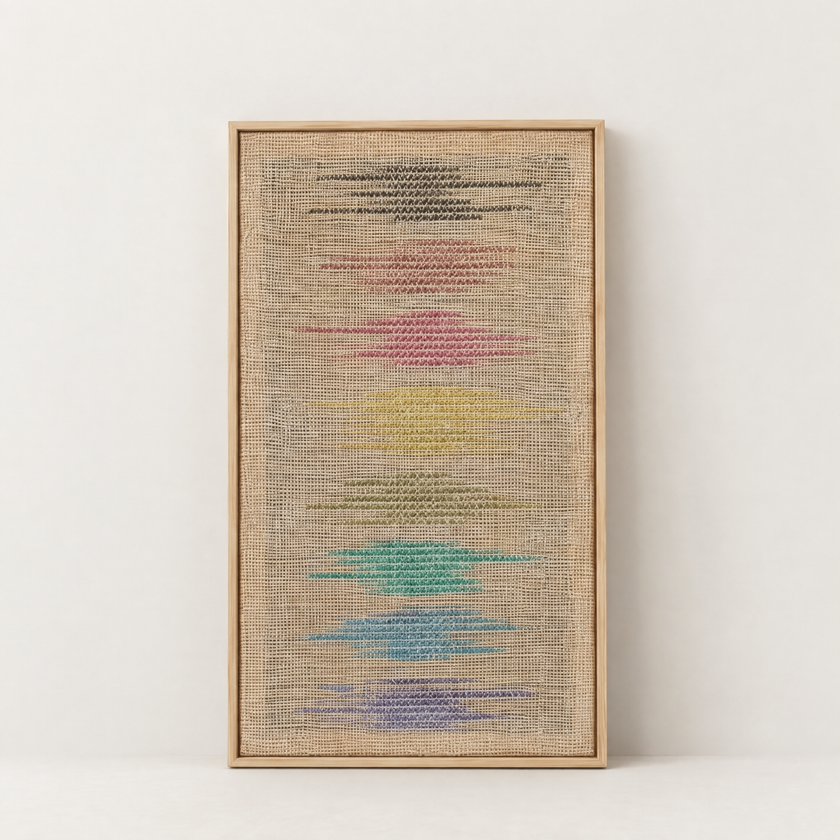 Kloara multicolour framed handwoven wool tapestry in pine frame, standing packshot, Lale Studio Shop
