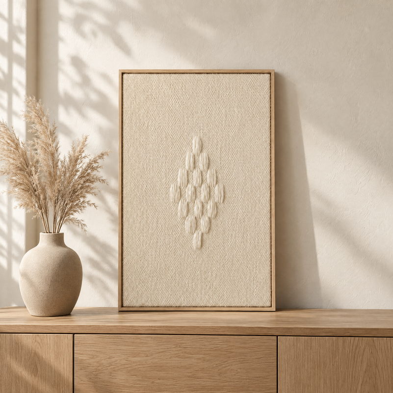 Framed 7 handwoven wool tapestry standing on an oak sideboard in a warm Japandi interior, Lale Studio Shop
