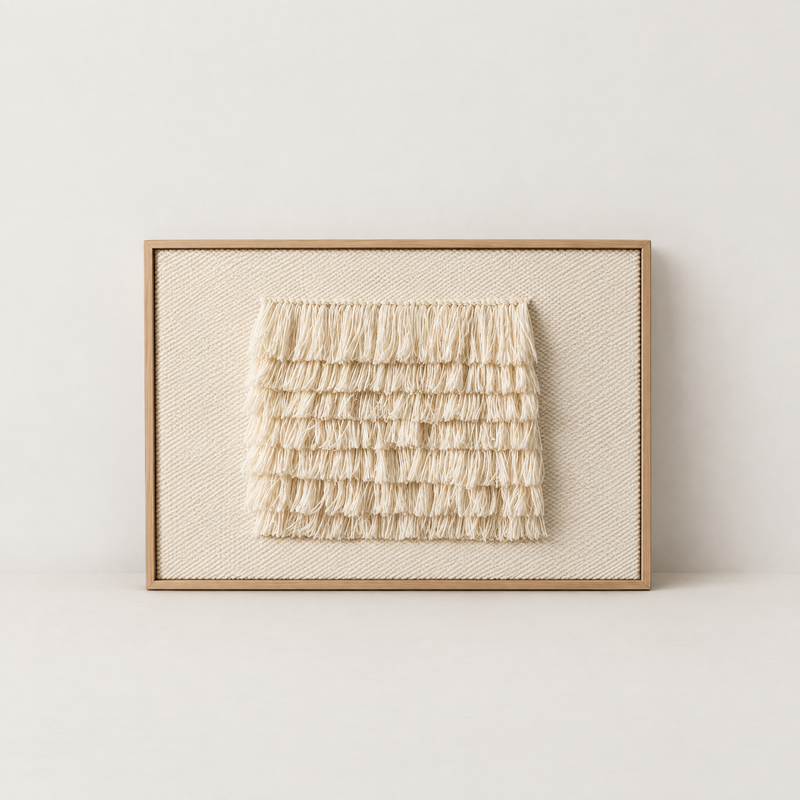 FruFru warm ivory framed handwoven wool tapestry with fringe relief in pine frame, standing packshot, Lale Studio Shop