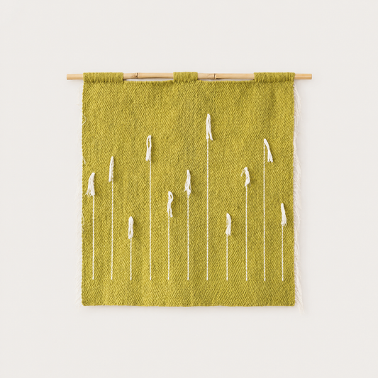 Green Denti di Leone handwoven olive wool wall hanging with white dandelion motif on bamboo rod, packshot, Lale Studio & Shop