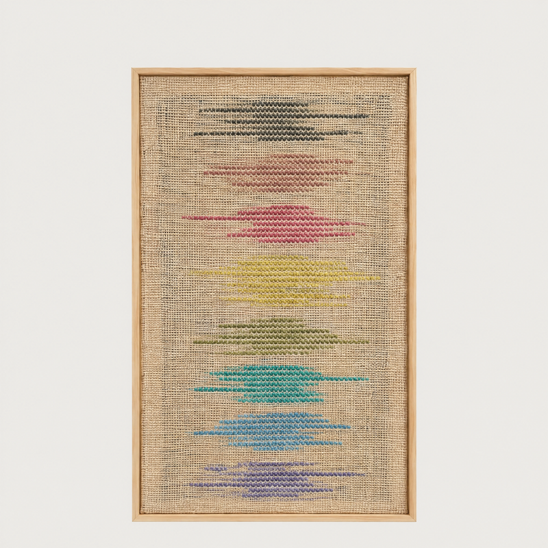 Kloara handwoven wool tapestry with vibrant multicolour bands in a solid pine frame, Lale Studio & Shop
