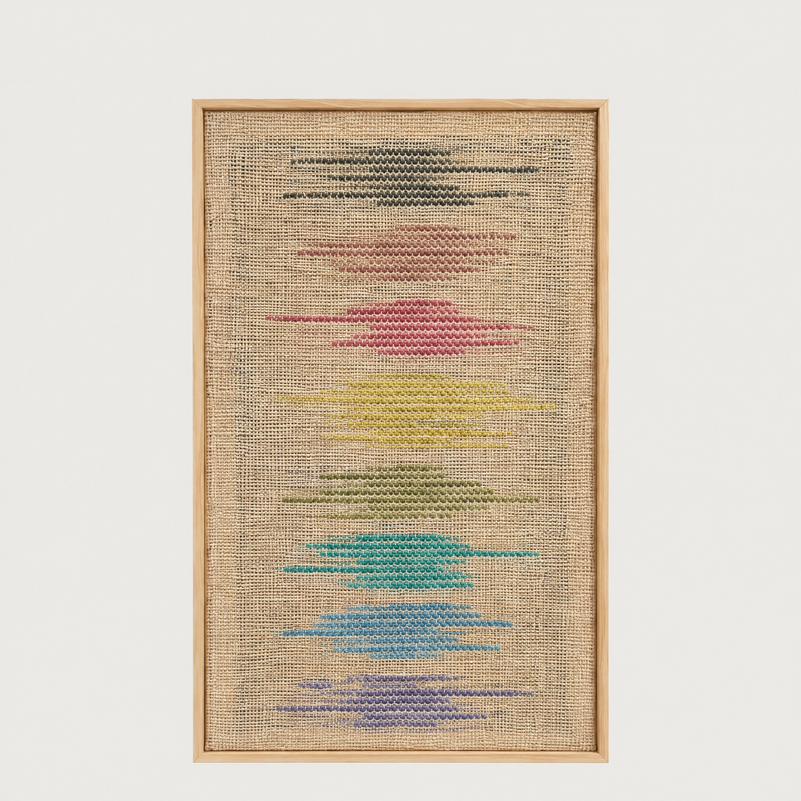 Kloara handwoven wool tapestry with vibrant multicolour bands in a solid pine frame, Lale Studio & Shop