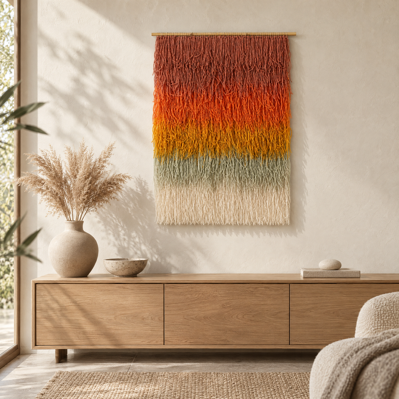 Gerbena multicolor ombre shaggy wool wall hanging on a bamboo rod above an oak sideboard, Lale Studio Shop