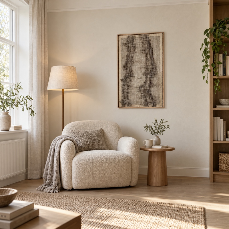 Flus framed handwoven wool tapestry 60 x 100 cm in a living room reading corner, Lale Studio Shop