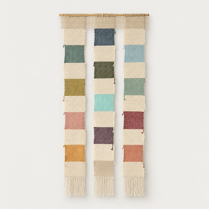 Bieno handwoven cotton wall hanging with colourful woven squares on a bamboo rod, Lale Studio & Shop