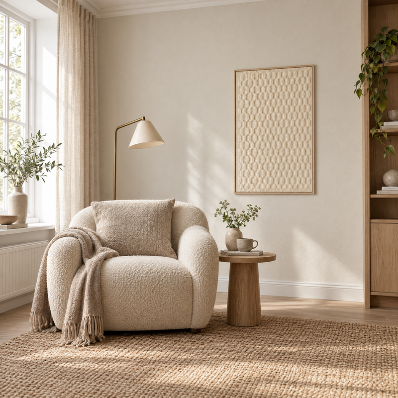 Framed 1 handwoven wool tapestry 60x100 cm in a reading corner above a boucle armchair, Lale Studio Shop