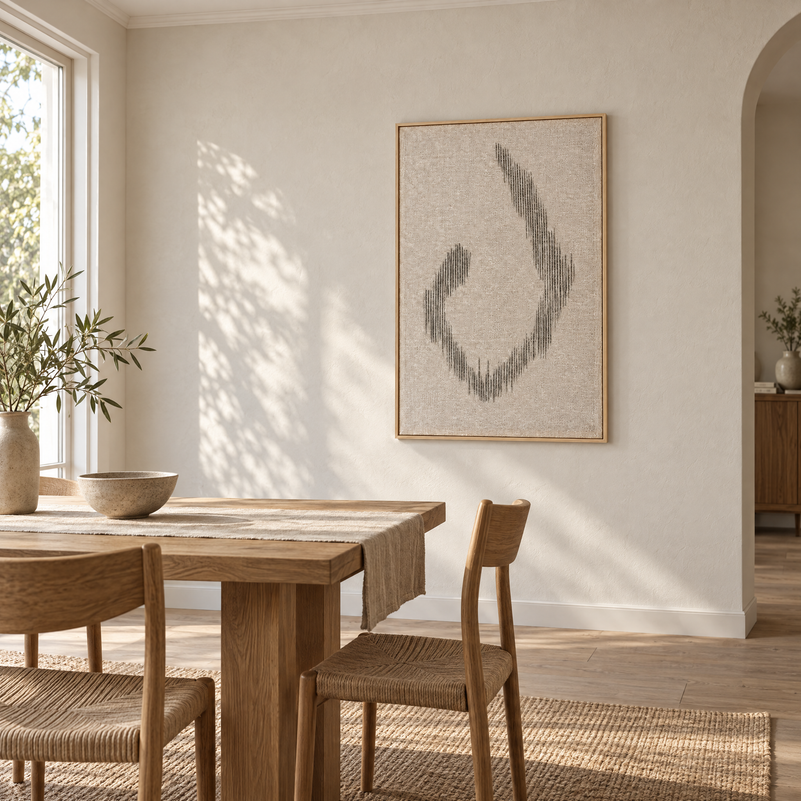 Huek large framed handwoven wool tapestry 80 x 120 cm in a dining room with an oak table, Lale Studio Shop