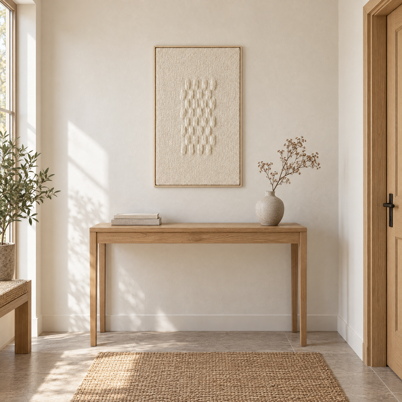 Framed II handwoven wool tapestry 60 x 100 cm above an oak console in an entrance hall, Lale Studio Shop