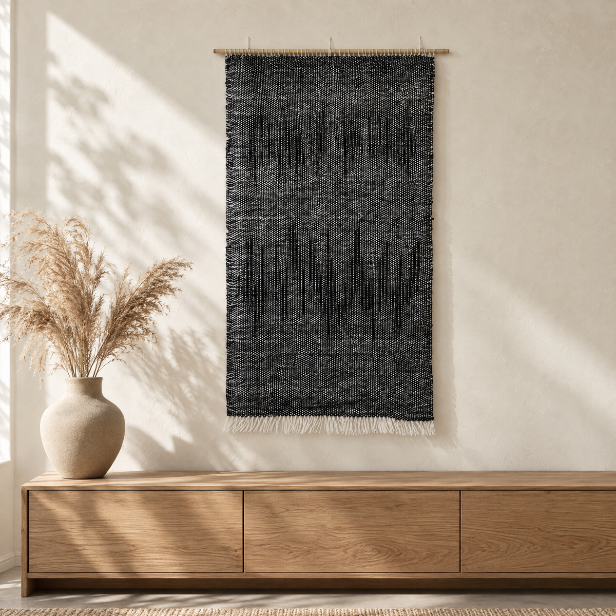 Nyora charcoal handwoven wool wall hanging on a bamboo rod above an oak sideboard in a warm Japandi interior, Lale Studio Shop