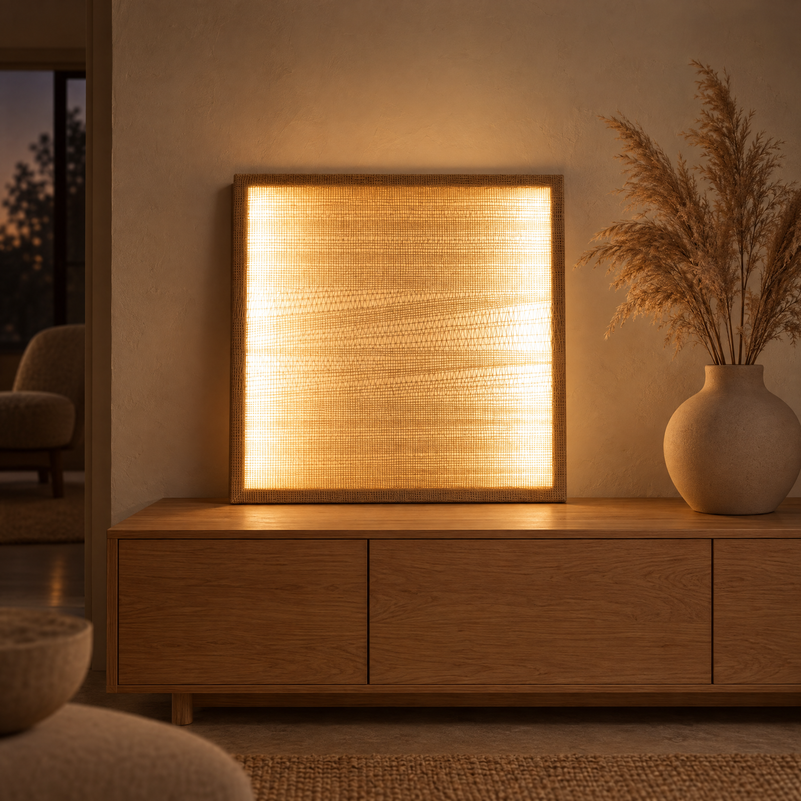 Ma illuminated handwoven wool tapestry standing on an oak sideboard in a warm evening interior, Lale Studio Shop