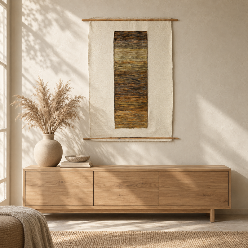 Kauwela handwoven wall hanging on bamboo rods above an oak sideboard in a warm Japandi interior, Lale Studio Shop