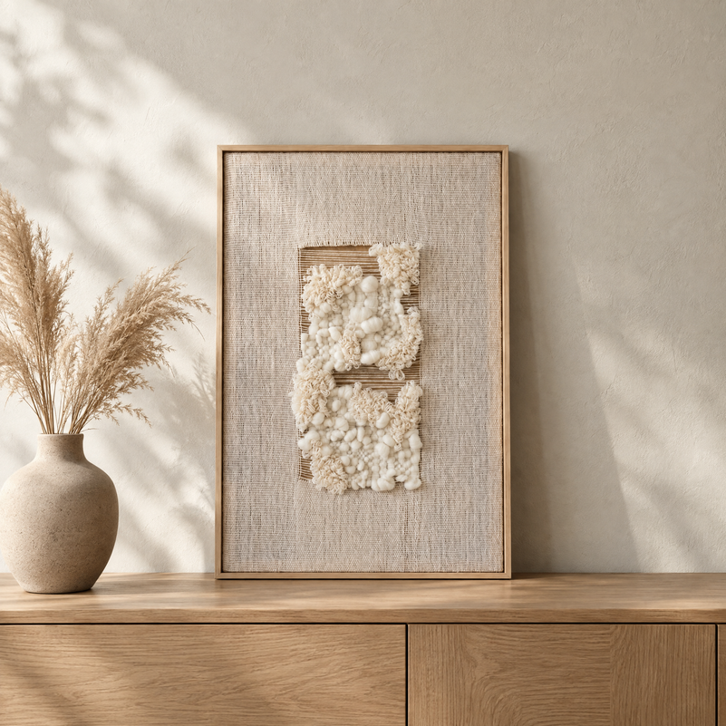 Velua framed handwoven wool tapestry standing on an oak sideboard in a warm Japandi interior, Lale Studio Shop