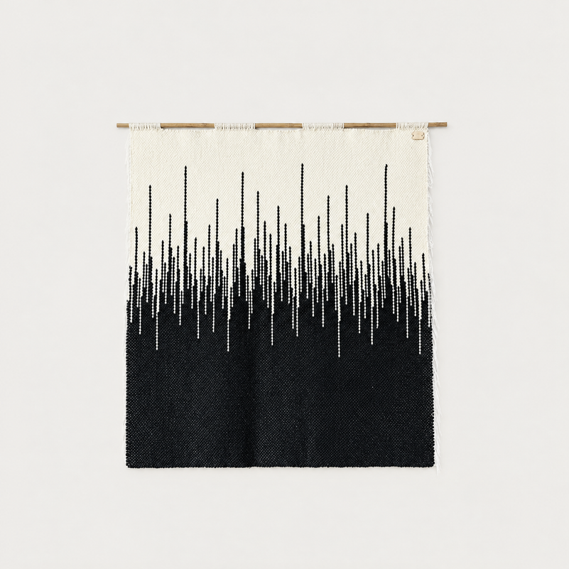 Zebra handwoven wool wall hanging, black and natural beige on bamboo rod, packshot, Lale Studio & Shop