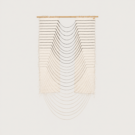 Gray Urania handwoven cotton rope wall hanging with cascading semi circles in natural cream and grey on a bamboo rod, Lale Studio & Shop